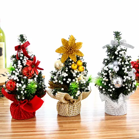 Mini Christmas Tree Artificial Desktop Decoration With Bows Bells Pine Cones Small Ornaments For Xmas Party Home Office Table Decor