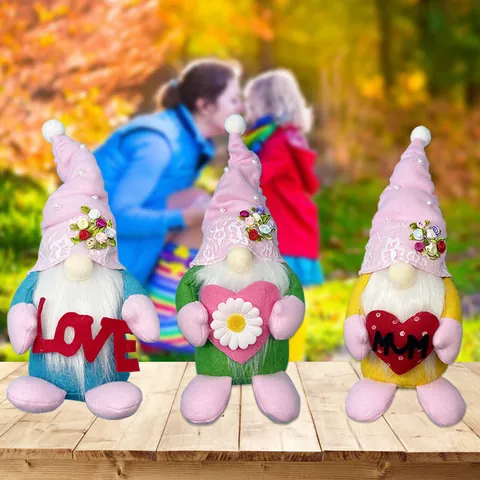 Mother's Day Gnome Plush Doll Pink Lace Hat Faceless Doll Ornament With Love Heart MUM Letter Decoration For Home Table Centerpiece Gift