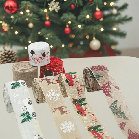 Christmas Faux Burlap Ribbon Reindeer Truck Tree Pattern For Xmas Gift Wrapping Decoration DIY Party Supplies Home Decor