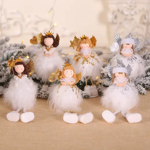 Christmas Angel Doll Ornaments White Feather Plush Angel Hanging Pendant With Crown Star Heart For Xmas Tree Home Decor