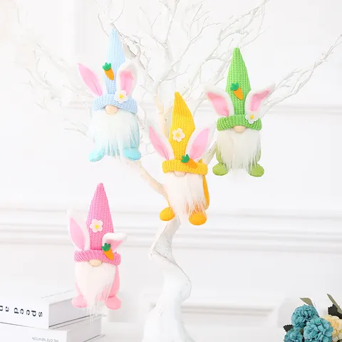 Gnomo di Pasqua Bambola Senza Volto Con Orecchie di Coniglio Carota Statuetta di Peluche a Maglia per Casa Festa Decorazione da Tavolo Regalo