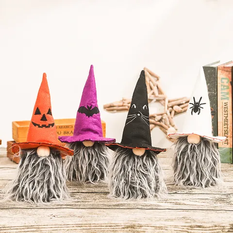 Halloween Gnome Plush Doll Ornament Felt Faux Fur Faceless Dwarf With Pumpkin Bat Cat Spider Pattern Table Decoration
