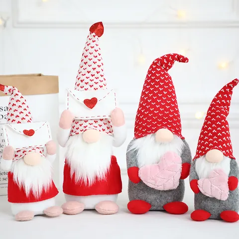 Valentine's Day Gnome Plush Doll Holding Heart Envelope Handmade Knitted Faceless Dwarf Decoration For Home Desktop Gift