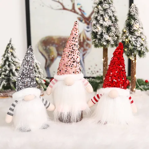 Christmas Gnome Faceless Doll With LED Light Sequin Hat Rudolph Plush Ornament Striped Arms Standing Window Decoration Home Decor
