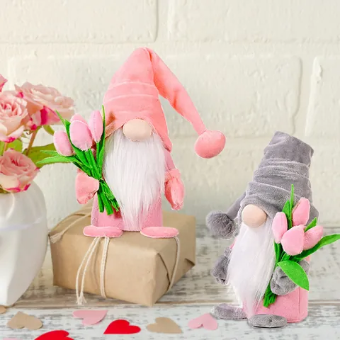 Mother's Day Gnome Plush Elf Decoration With Pink Tulip Bouquet Handmade Scandinavian Tomte Figurine For Home Bedroom Decor