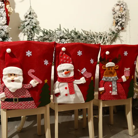 3D Christmas Chair Back Covers Red Linen Like Fabric Santa Snowman Reindeer Pattern For Dining Room Xmas Party Home Decor