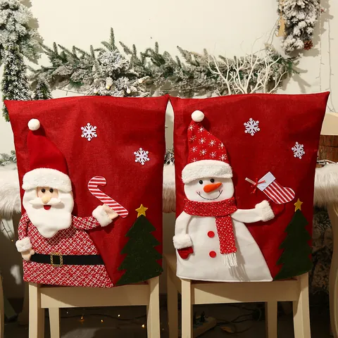 3D Christmas Chair Back Covers Red Linen Like Fabric Santa Snowman Reindeer Pattern For Dining Room Xmas Party Home Decor
