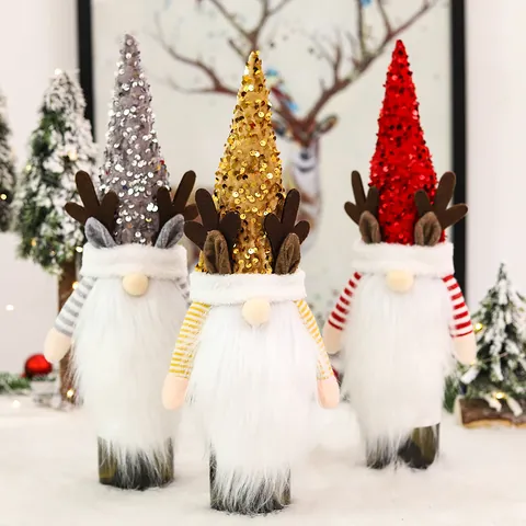Christmas Wine Bottle Cover Sequin Reindeer Antler Gnome Wine Bottle Topper Rudolph Santa Beard Xmas Table Decor Red Gold Grey
