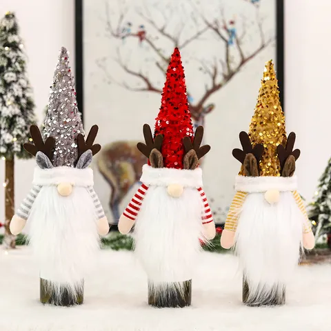 Christmas Wine Bottle Cover Sequin Reindeer Antler Gnome Wine Bottle Topper Rudolph Santa Beard Xmas Table Decor Red Gold Grey