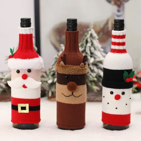 Knitted Christmas Wine Bottle Covers Santa Reindeer Snowman Cartoon Elastic Table Holiday Decor Champagne Sleeve Novelty