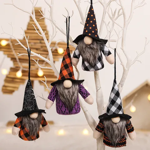 Halloween Lighted Glowing Gnome Plush Ornaments LED Swedish Tomte Gonk Hanging Decorations With Orange Black Plaid Polka Dot Spider Web Patterns For Home Party Decor