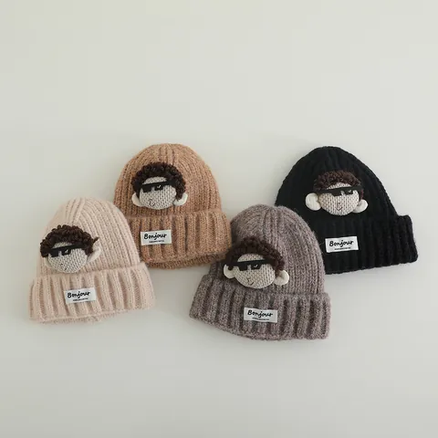 Gorro de Punto para Niños Con Decoración de Muñeca de Dibujos Animados 3D Gafas de Sol Gorro de Invierno Cálido para Niños