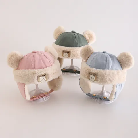 Cute Baby Trapper Hat Winter Warm Kids Lei Feng Hat With Faux Fur Lining Bear Ears Chin Strap For Toddler Girls Boys Outdoor Windproof Earflap Cap