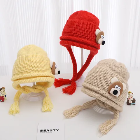 Toddler Knitted Ear Protection Hat With Cartoon Bear Cloud Pattern Winter Warm Crochet Beanie Cap For Kids Boys Girls