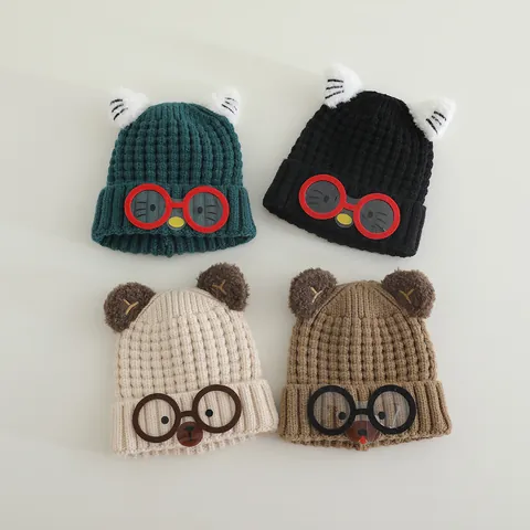 Kids Winter Knitted Beanie Hat Cute Cartoon Animal Ears With Glasses Patch Warm Polyester Crochet Skull Cap For Boys Girls