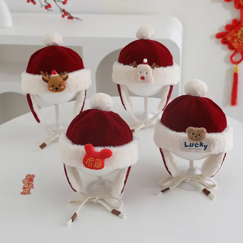 Kids Winter Earflap Lei Feng Hat Red Velvet Faux Fur Warm Windproof Hat With Pompom Santa Snowman Reindeer Cartoon Christmas New Year Gift