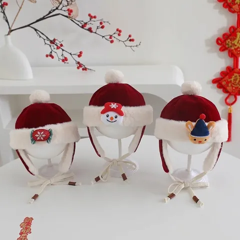 Kids Winter Earflap Lei Feng Hat Red Velvet Faux Fur Warm Windproof Hat With Pompom Santa Snowman Reindeer Cartoon Christmas New Year Gift