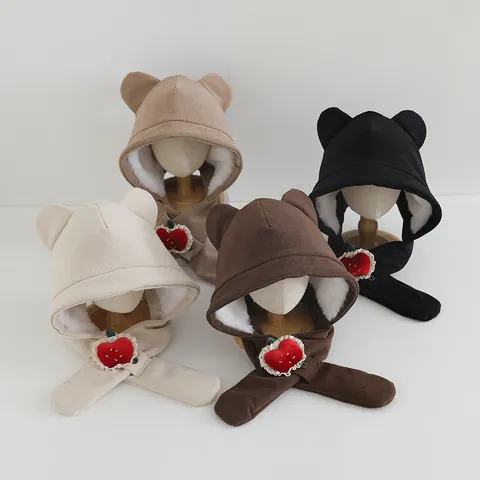 Kids Winter Hooded Scarf Hat Corduroy Faux Fur Lined Windproof Warm Earflap Cap With Bear Ears For Children 3-10 Years