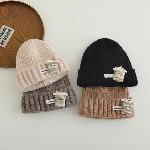 Children's Knitted Beanie Hat Polyester Winter Warm Hat With Cartoon Coffee Cup Patch For Kids Boys Girls