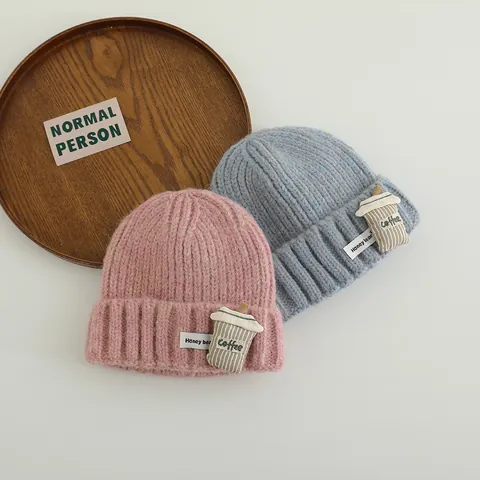 Children's Knitted Beanie Hat Polyester Winter Warm Hat With Cartoon Coffee Cup Patch For Kids Boys Girls