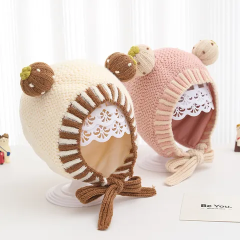 Baby Knitted Beanie Hat With Earflaps And Ties Cute 3D Cactus Fruit Ears Warm Winter Crochet Cap For Toddlers Boys Girls