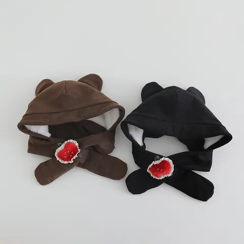 Kids Winter Hooded Scarf Hat Corduroy Faux Fur Lined Windproof Warm Earflap Cap With Bear Ears For Children 3-10 Years