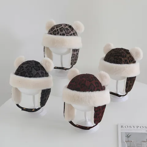 Winter Kids Leopard Print Trapper Hat Faux Fur Earmuff Warm Lei Feng Hat For Baby Boys Girls Toddlers Outdoor Pom Poms Hat