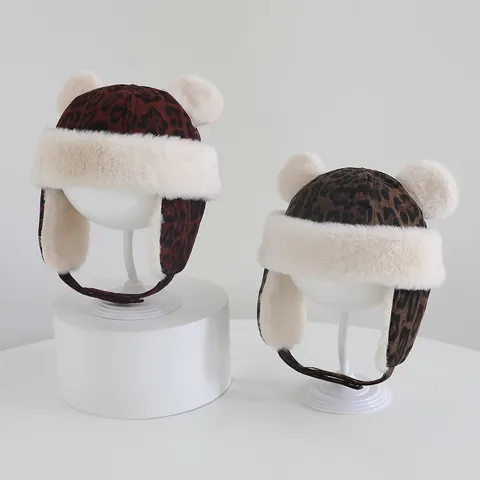 Winter Kids Leopard Print Trapper Hat Faux Fur Earmuff Warm Lei Feng Hat For Baby Boys Girls Toddlers Outdoor Pom Poms Hat