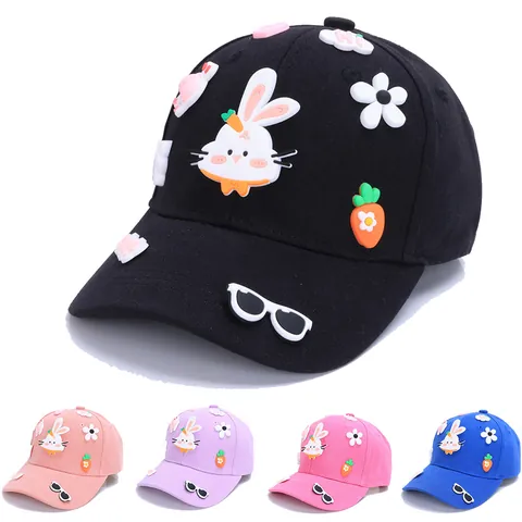 Kids Cartoon Rabbit Baseball Cap Cute 3D Patch Cotton Blend Sun Protection Adjustable Hat For Boys Girls Travel Outdoor