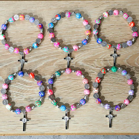 Bracciale Con Perline a Croce Con Medaglia Di San Benedetto Per Donna Gioielli Religiosi Per Preghiera Perline Di Fiori In Vetro Colorato