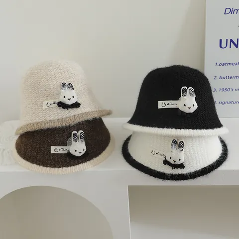 Gorro de Pescador de Punto para Niños Suave Cálido Invierno Otoño Con Lindo Conejo de Peluche Flor Cereza Parche para Niños Niñas Moda Gorro de Ganchillo
