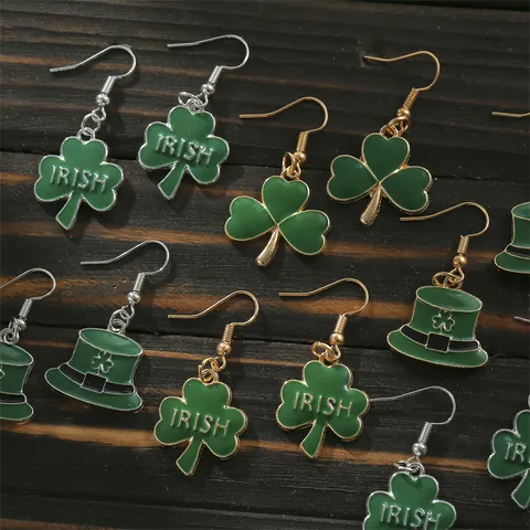St. Patrick's Day Green Enamel Shamrock Leprechaun Hat Alloy Hook Earrings For Women Irish Festival Party Jewelry Gift