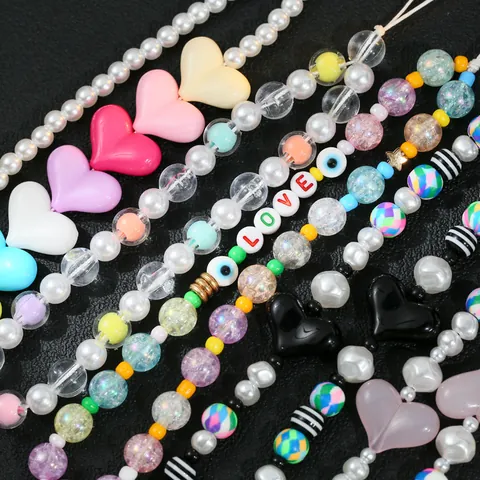 Bohemian Beaded Phone Lanyard Resin Heart Love Letter Evil Eye Phone Charm Chain Strap For Women Mobile Accessories