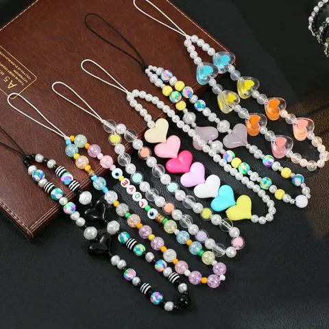 Bohemian Beaded Phone Lanyard Resin Heart Love Letter Evil Eye Phone Charm Chain Strap For Women Mobile Accessories