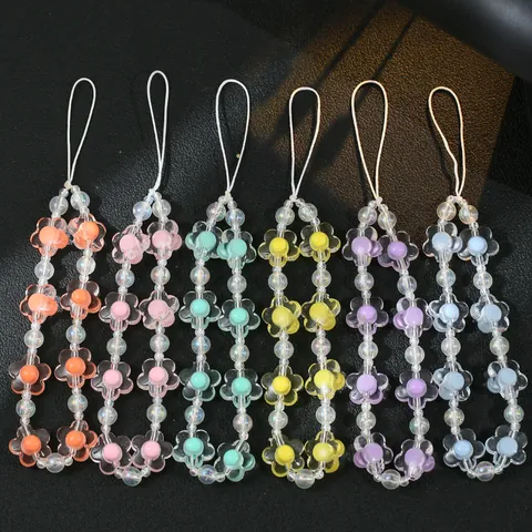Handgefertigt Irisierend Transparent Blume Harz Perlen Handykette Anti-Verlust Lanyard Für Damen Mode Accessoires Herz Dekor