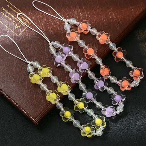 Handgefertigt Irisierend Transparent Blume Harz Perlen Handykette Anti-Verlust Lanyard Für Damen Mode Accessoires Herz Dekor