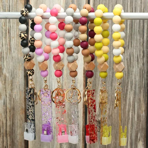 Silicone Bead Keychain Bracelet Bracelet With Card Grabber Long Nails Wood Bead Sequin Acrylic Pendant Key Ring For Women Jewelry