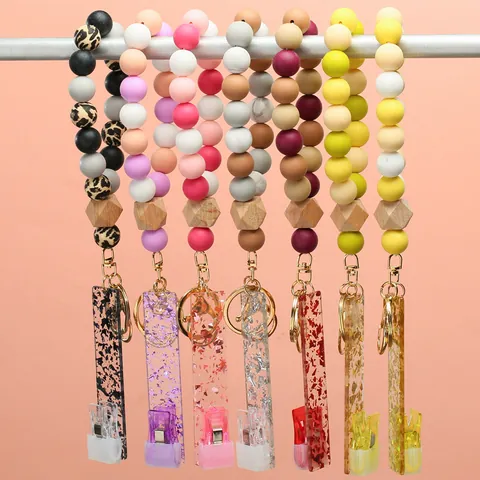 Silicone Bead Keychain Bracelet Bracelet With Card Grabber Long Nails Wood Bead Sequin Acrylic Pendant Key Ring For Women Jewelry