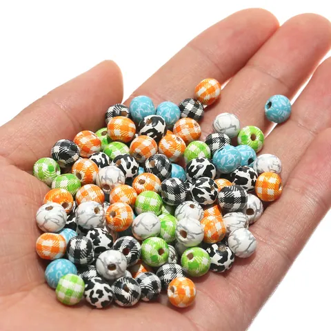 Mixed Colored Wooden Round Beads Plaid Animal Print Marble Pattern Loose Beads For DIY Jewelry Making Handcrafted Art Crafts
