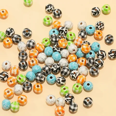 Mixed Colored Wooden Round Beads Plaid Animal Print Marble Pattern Loose Beads For DIY Jewelry Making Handcrafted Art Crafts