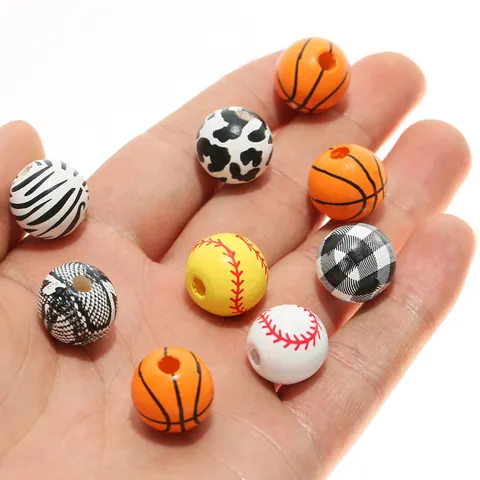 DIY Painted Wood Beads Round Loose Beads Sports Basketball Baseball Soccer Animal Print Leopard Zebra Pattern Handicraft Accessories