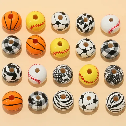 DIY Painted Wood Beads Round Loose Beads Sports Basketball Baseball Soccer Animal Print Leopard Zebra Pattern Handicraft Accessories