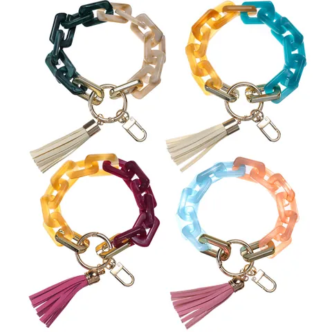 Fashion Acrylic Resin Link Chain Bracelet Keychain With PU Leather Tassel Gold Metal Ring Women Bag Charm Wristlet Key Ring