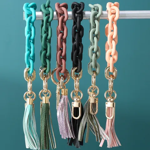 Acrylic Large Chain Wristlet Keychain With PU Leather Tassel Gold Metal Ring Bracelet Keyring For Women Bag Decor