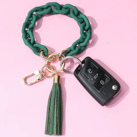 Acrylic Large Chain Wristlet Keychain With PU Leather Tassel Gold Metal Ring Bracelet Keyring For Women Bag Decor