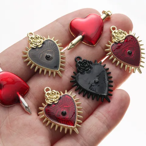 Gothic Alloy Enamel Heart Pendants Arrow Through Sacred Heart Eye Rose Charms For DIY Jewelry Making Necklaces Accessories
