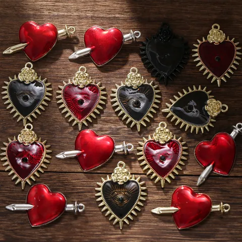 Gothic Alloy Enamel Heart Pendants Arrow Through Sacred Heart Eye Rose Charms For DIY Jewelry Making Necklaces Accessories