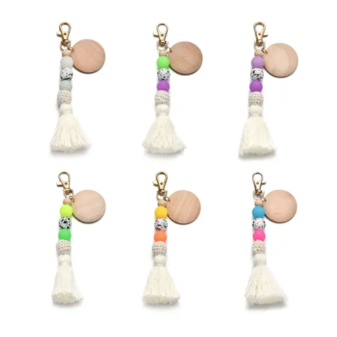 Boho Silicone Bead Tassel Keychain For Women Bag Charm Wood Chip Letter Beads Glow In The Dark Handmade Accessories