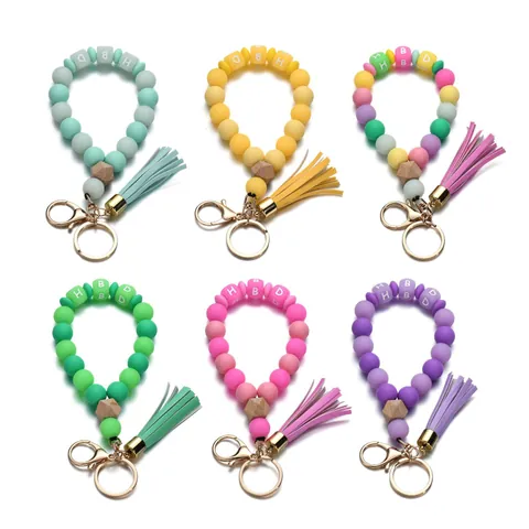 Portachiavi Bracciale Luminoso in Silicone Con Nappa Perla in Legno Perle Con Lettera HBD Braccialetto Anti-Smarrimento Donna