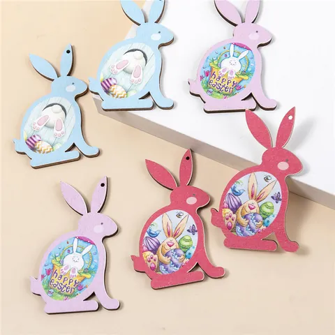 Wooden Easter Rabbit Pendants Colorful Printed Rabbit Egg Charms For DIY Earring Jewelry Making Happy Easter Hanging Decoration